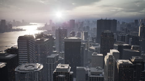 skyline aerial view at sunset with skyscrapers