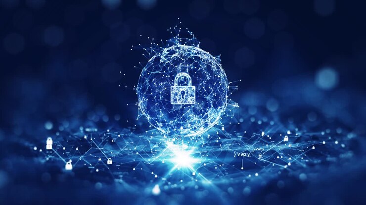 Spherical interconnected polygons, with a large padlock inside, prominent in the center, light below. Binary code polygons and small padlocks Center focus, blur outside with dark blue background.