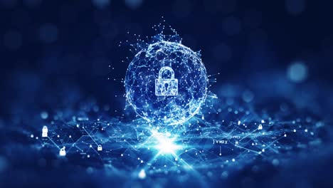 spherical interconnected polygons, with a large padlock inside, prominent in the center, light below. binary code polygons and small padlocks center focus, blur outside with dark blue background.