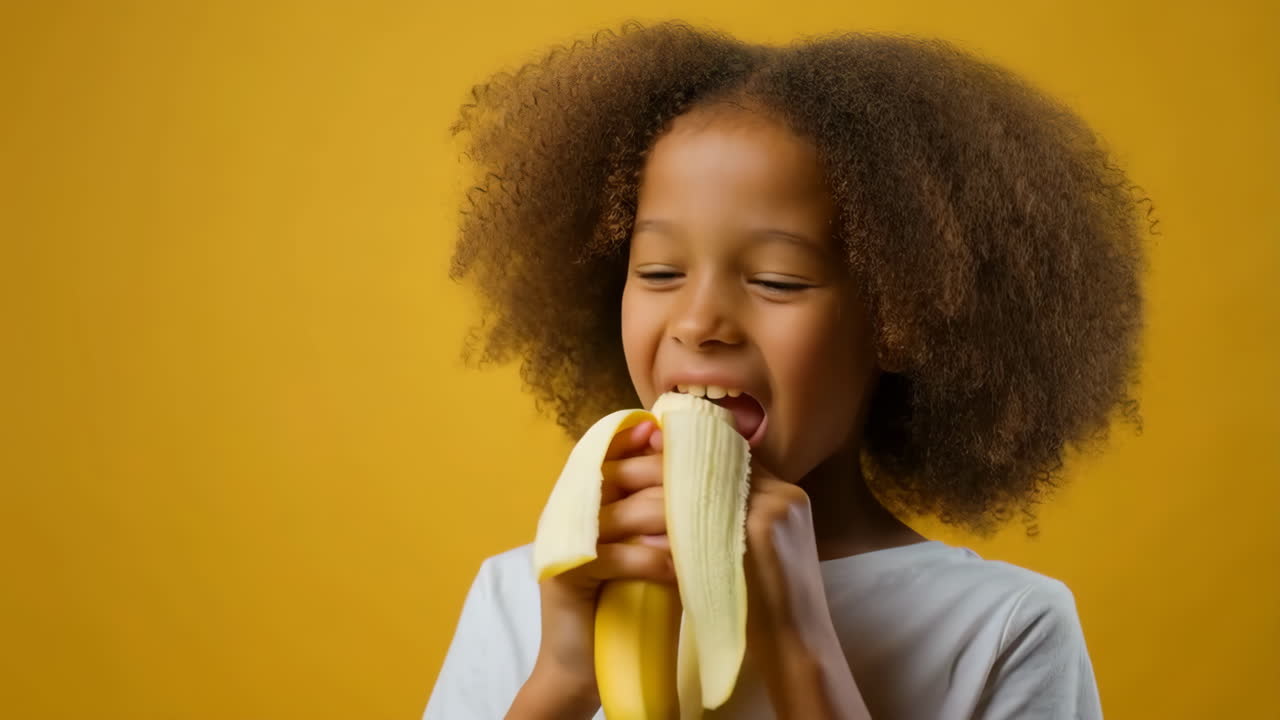 Happy young girl eating a banana