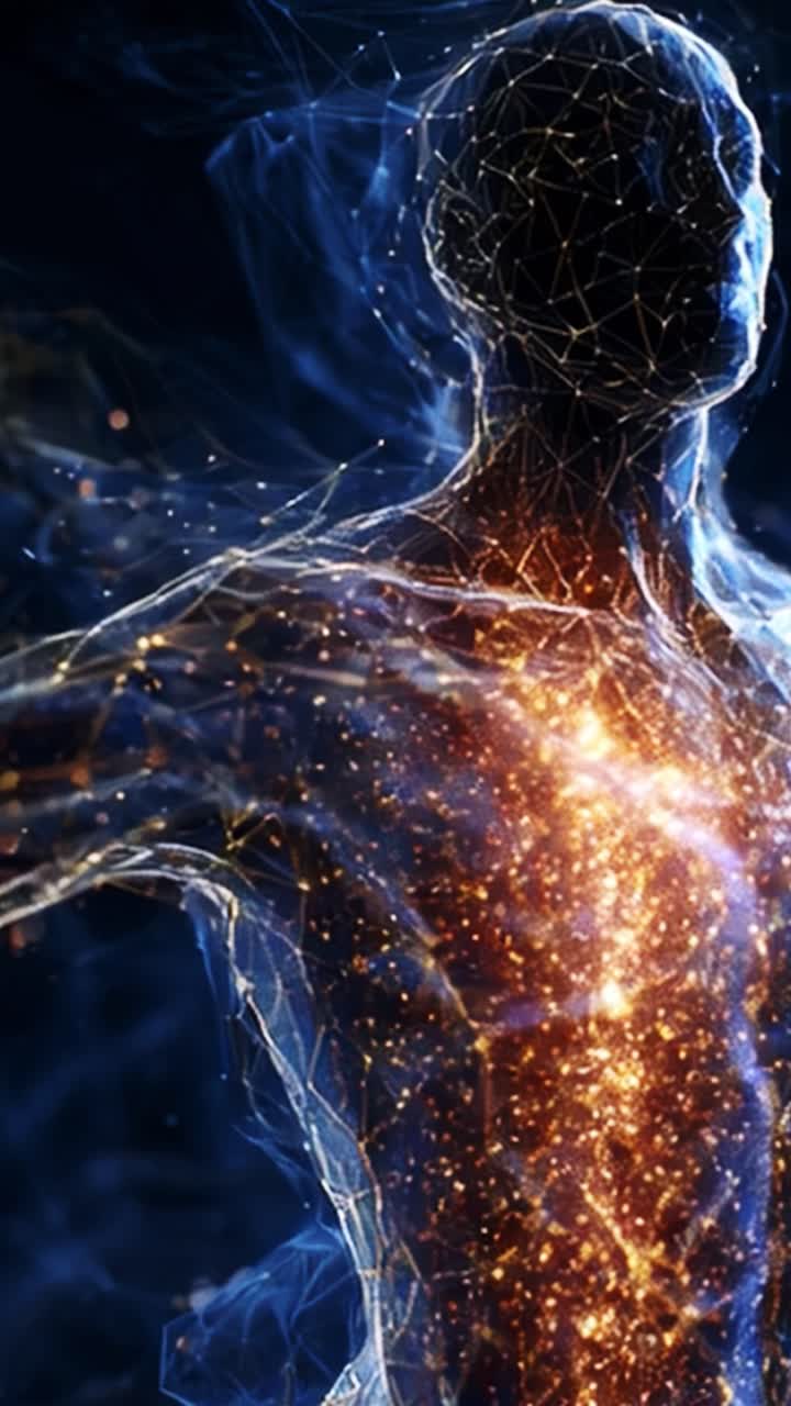 A Glimpse into a Digital Human: An Ethereal Representation of Light, Energy, and Connection Visible in the Intricate Patterns of Human Form and Spirit