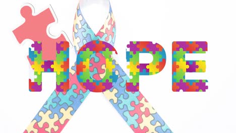 Animation-of-hope-text-over-ribbon-formed-with-puzzles-on-white-background