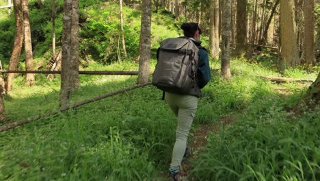 Hiking-woman-walk-with-a-hiking-backpack-in-spring-green-forest