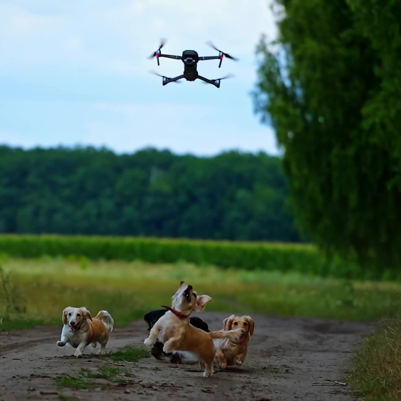 Group of dogs playing outdoors. Funny pet animals running on the road near the field and barking on the drone flying over them.