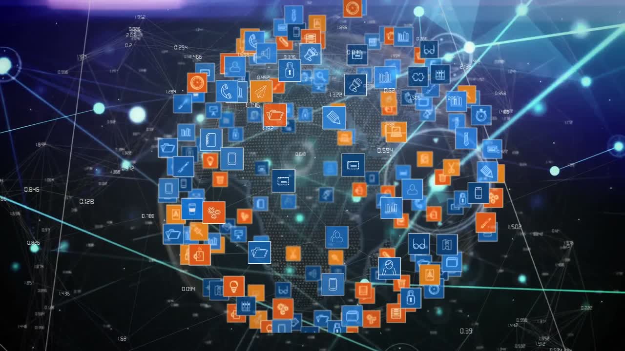animación del globo de la red de conexiones con iconos digitales