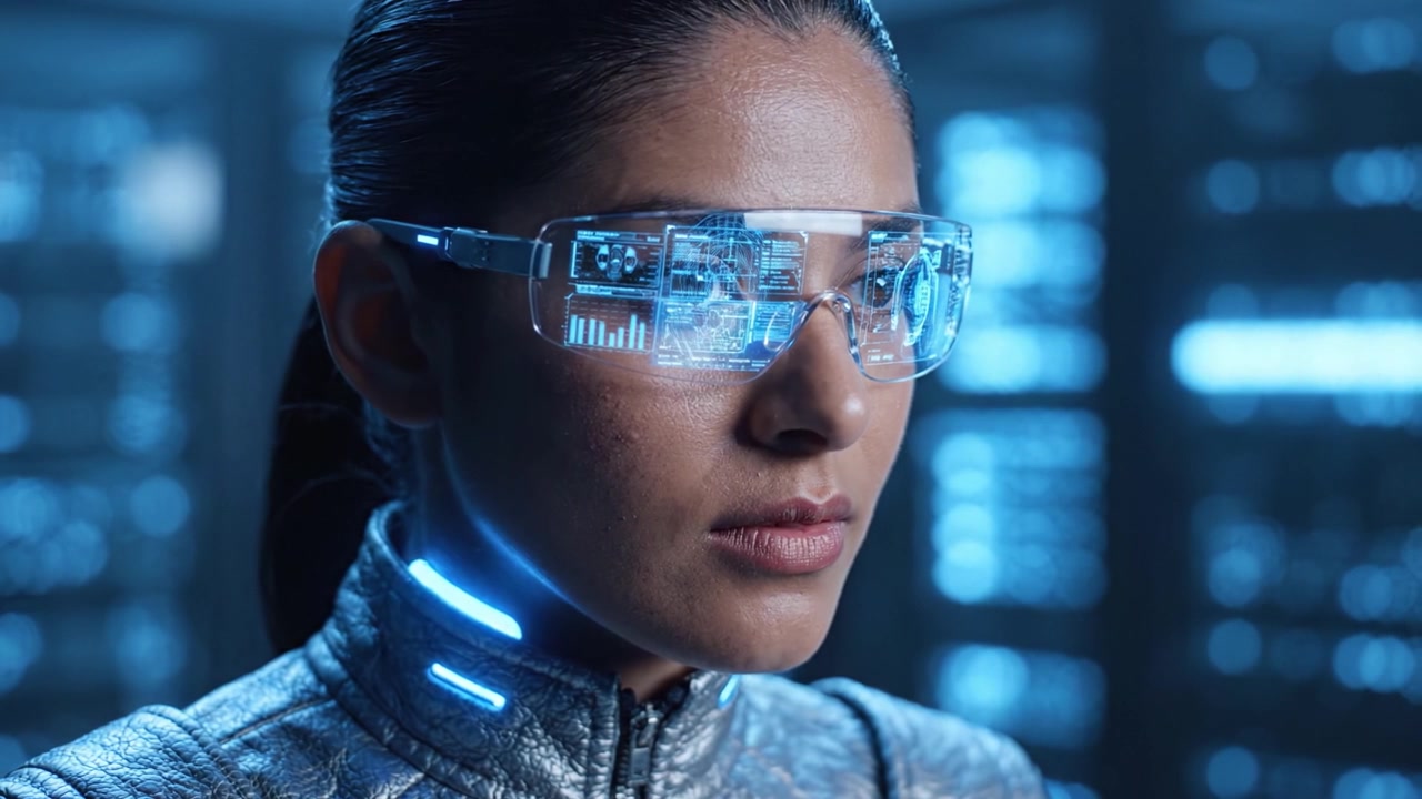 A futuristic character with advanced technology features, wearing sleek goggles that enhance vision, standing in a high-tech environment illuminated by blue lighting.