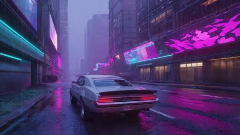 Cyberpunk Cityscape with Classic Car