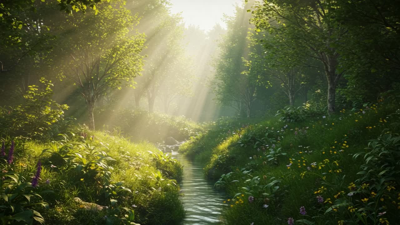 A tranquil forest setting comes alive with soft sunlight streaming through the trees, illuminating lush greenery. A gentle stream flows quietly between vibrant wildflowers and thick underbrush. This serene location invites nature lovers to immerse themselves in the calming sounds of water and rustli