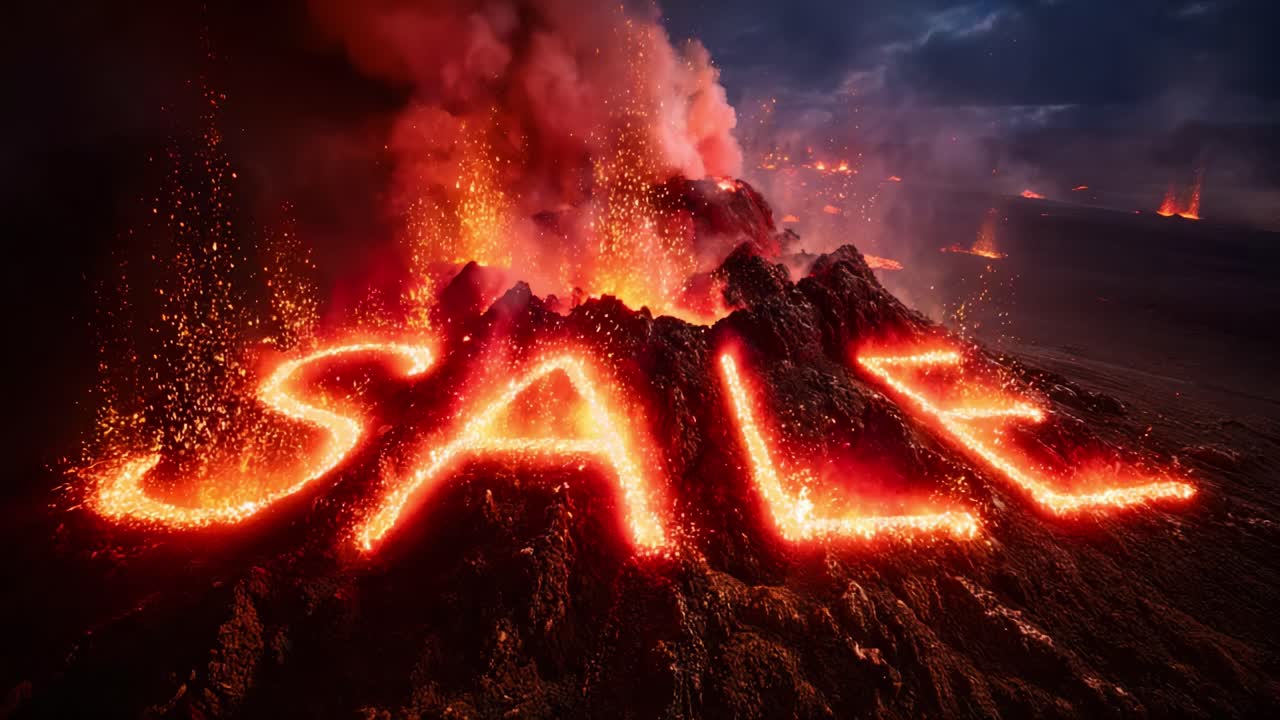 Spectacular Eruption of Lava with Fiery Letters Spelling 'SALE' as a Unique Promotion Overlooked by Nature's Power in a Volcanic Landscape