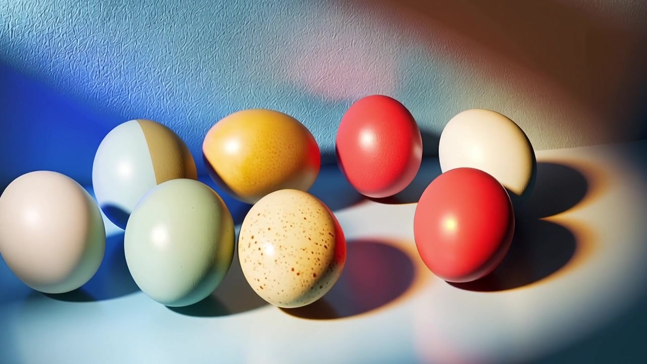 Assortment of Colorful Eggs on a Blue Surface