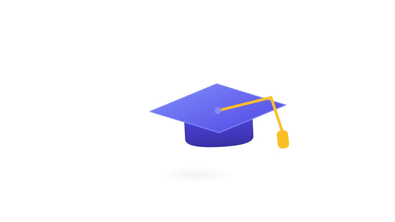Tocco di laurea animato che fluttua su sfondo bianco.