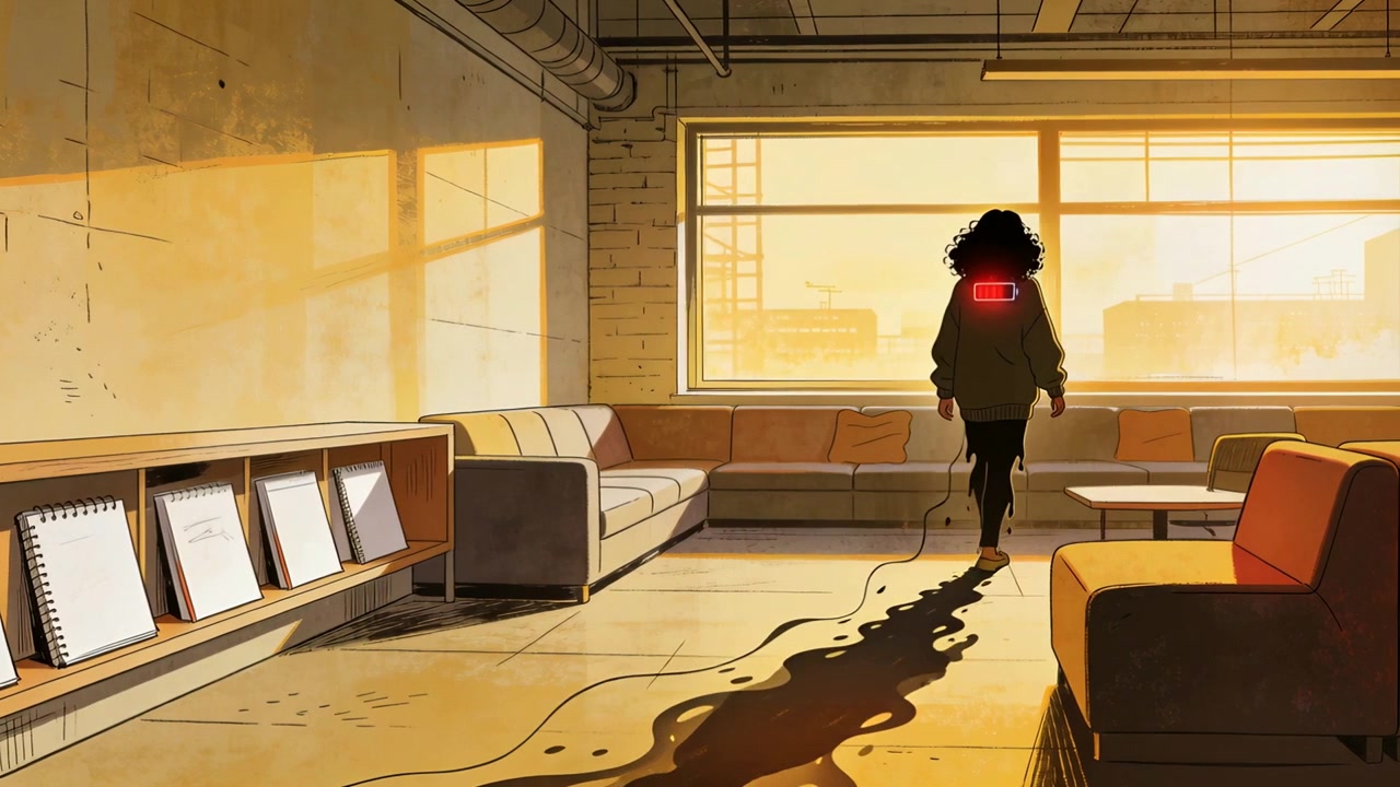 Reagindo a um painel vermelho, pessoa vestindo moletom com capuz caminhando em direção a uma janela iluminada pelo sol, arrastando um cabo