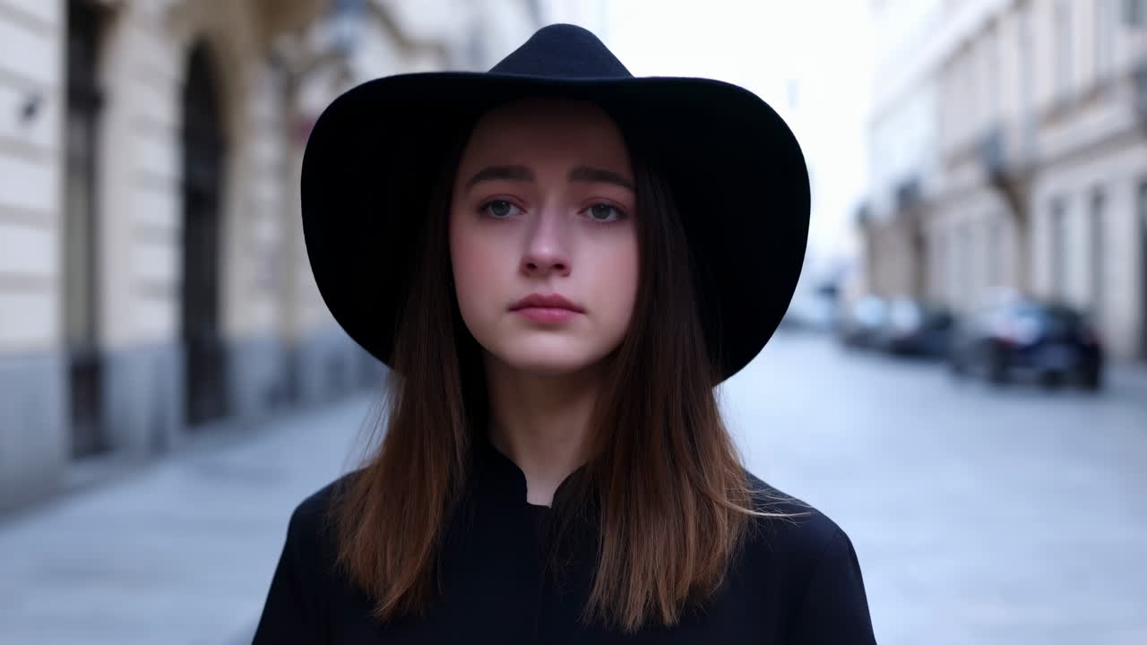 Primo piano di giovane donna pensierosa con cappello nero su una strada cittadina