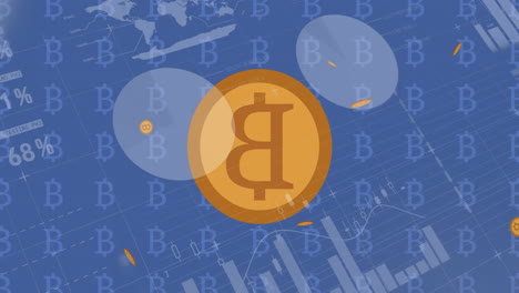 Animation of financial data processing over bitcoin symbols on blue background