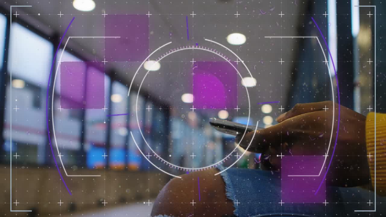 Animation of data processing over biracial woman using smartphone
