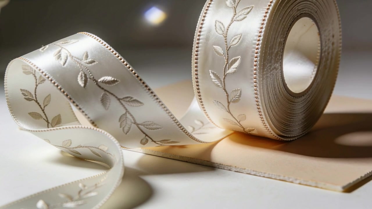 Unfurling decorative embroidered ribbon loosening loop on studio tabletop, settling near spool
