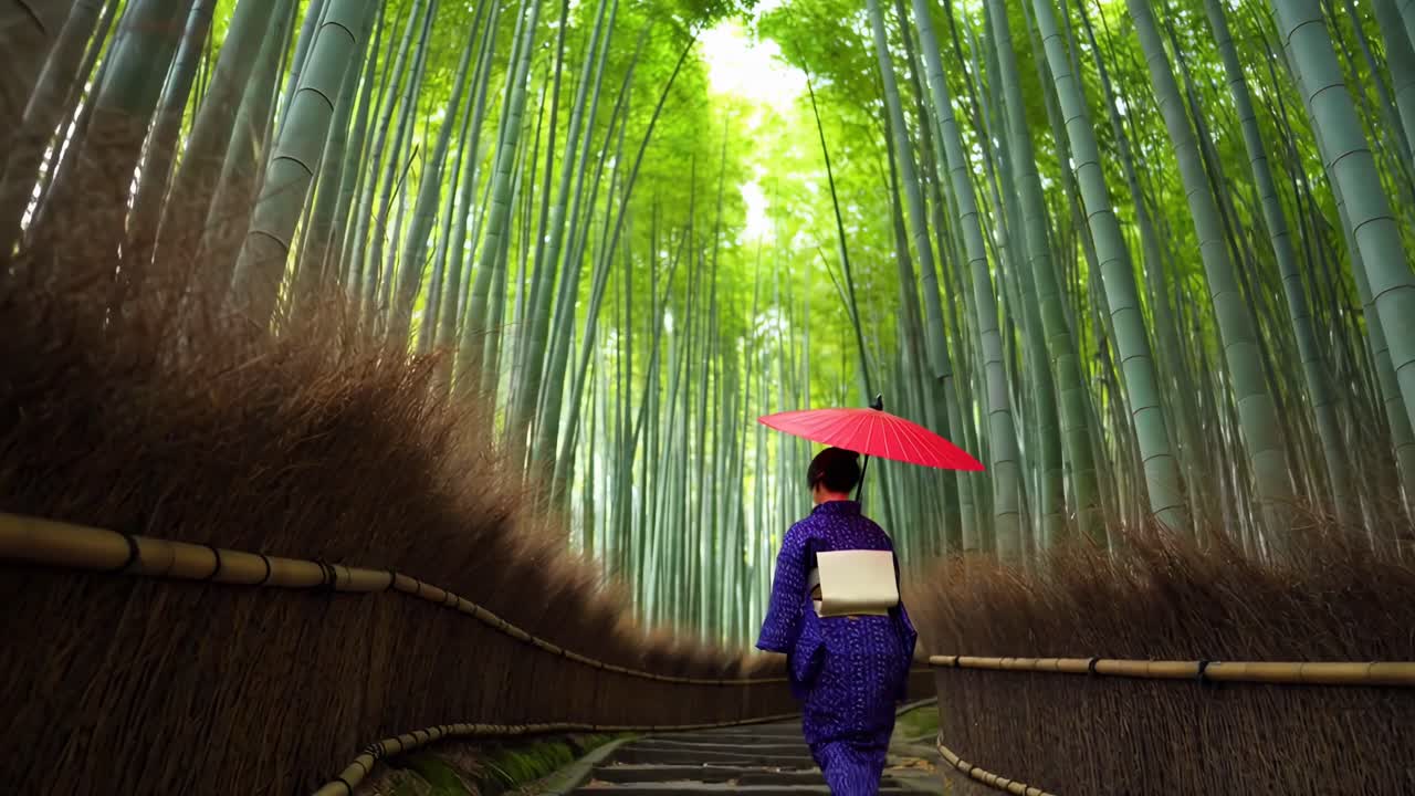 Video con ripresa dal basso di una persona in abiti tradizionali che cammina attraverso una serena foresta di bambù.