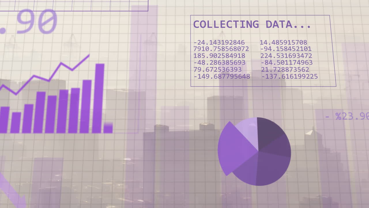 animación del procesamiento de datos financieros sobre la ciudad