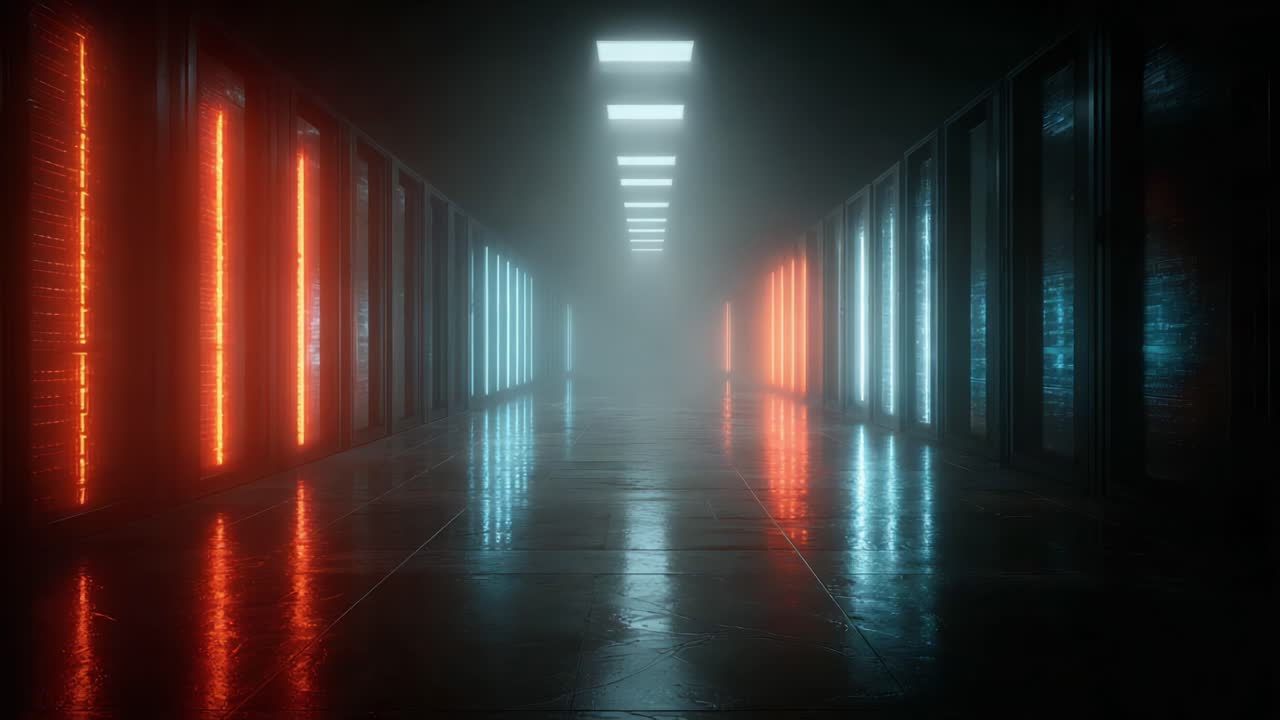 Illuminated Data Center Corridor with Reflections in Mysterious Fog: A Glimpse into the High-Tech World of Server Management and Digital Infrastructure