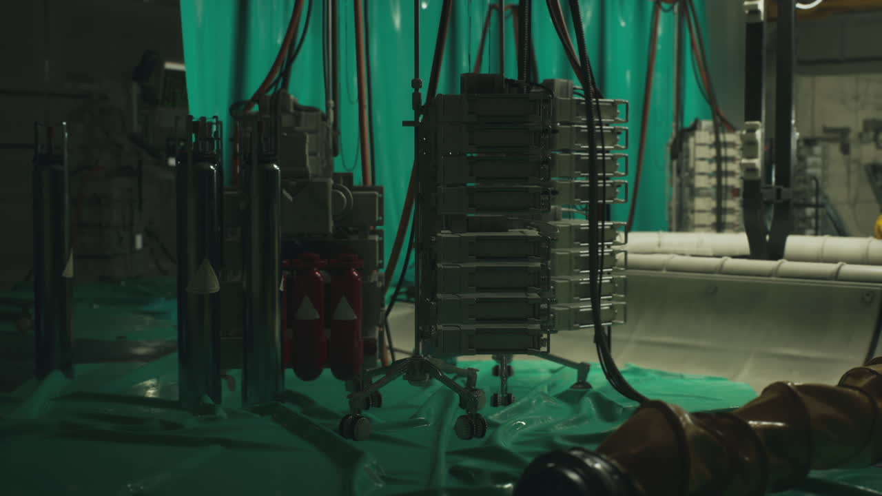 Industrial equipment amidst a green tarp in a dimly lit facility at night