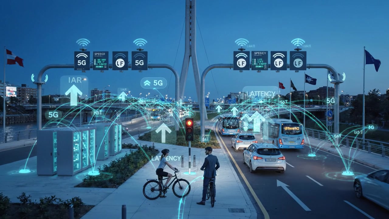 Connettività urbana avanzata di notte: una vetrina di sistemi di trasporto intelligenti, tecnologia 5G e infrastrutture moderne in un vivace ambiente cittadino.