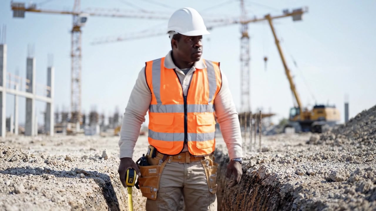 A Construction Worker in Safety Gear Measures Land at a Development Site, Surrounded by Heavy Machinery and Crane Equipment Under Clear Skies