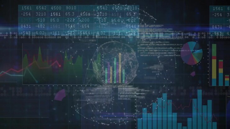 Numeric data scrolling grid initiating dashboard animating charts around sphere visualizing data
