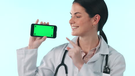 Green-screen-cellphone,-happy-woman