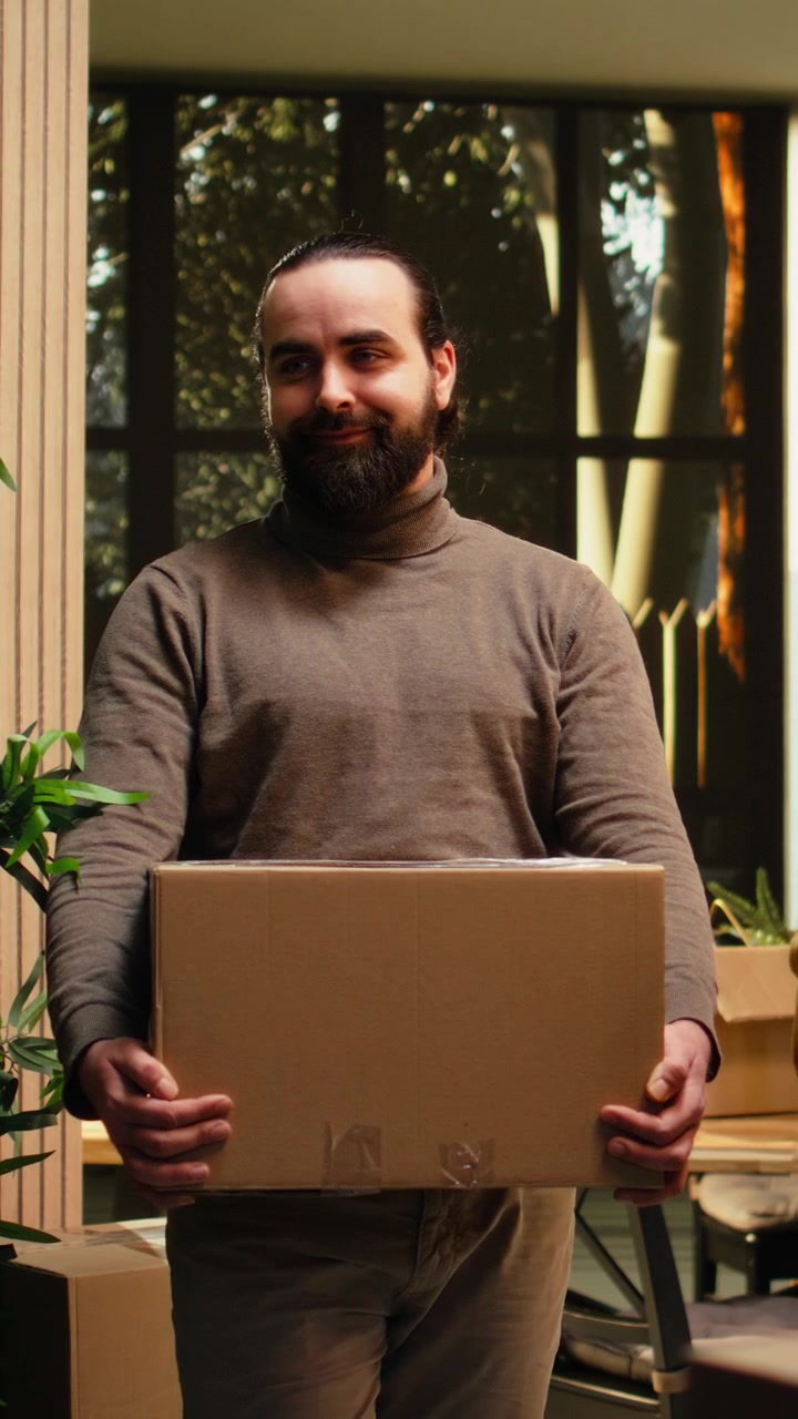 Vertical Video Couple portrait, moving in new house, with cardboard boxes, home ownership