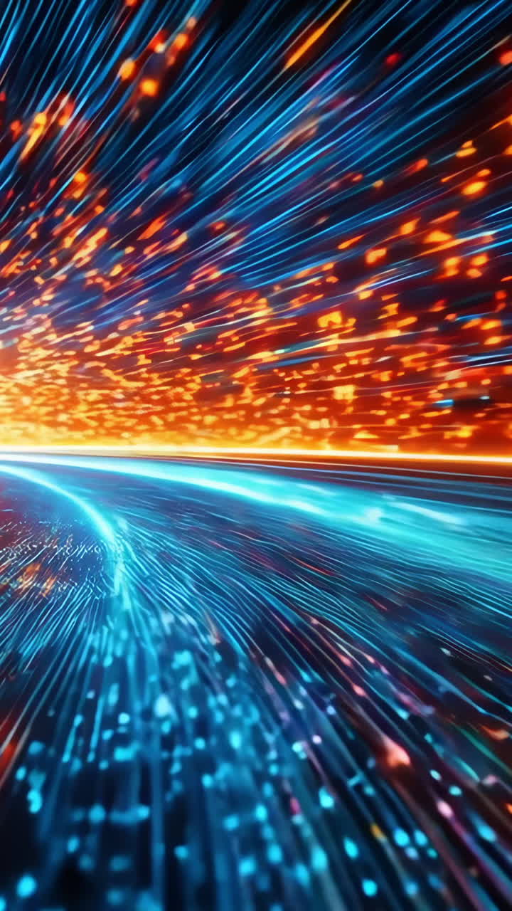 A blue and orange tunnel with a bright orange line. The tunnel is lit up with bright colors and the blue and orange colors are contrasting