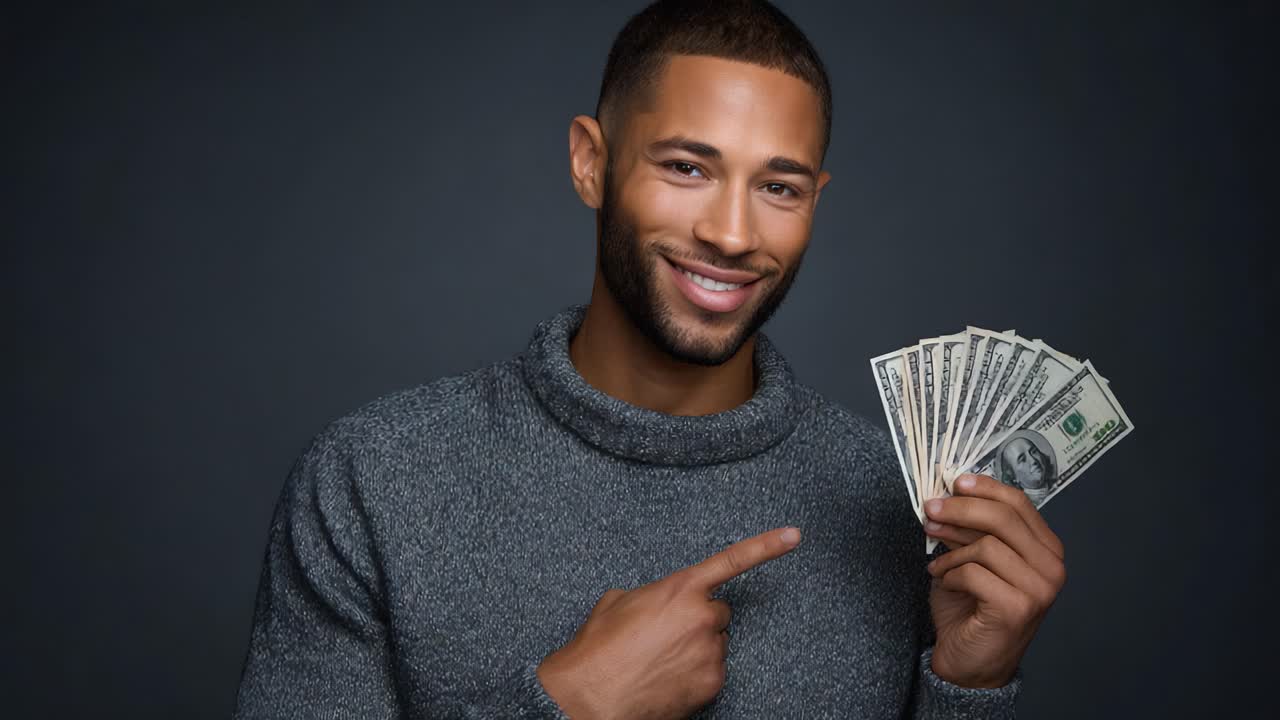 A confident young man, smiling and showcasing a handful of cash, embodies a moment of happiness and financial success in a stylish gray sweater against a dark backdrop
