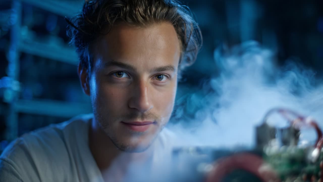 A confident young man engages in a technical environment, showcasing his expertise amidst smoke and machinery, reflecting a blend of innovation and creativity in a captivating portrait