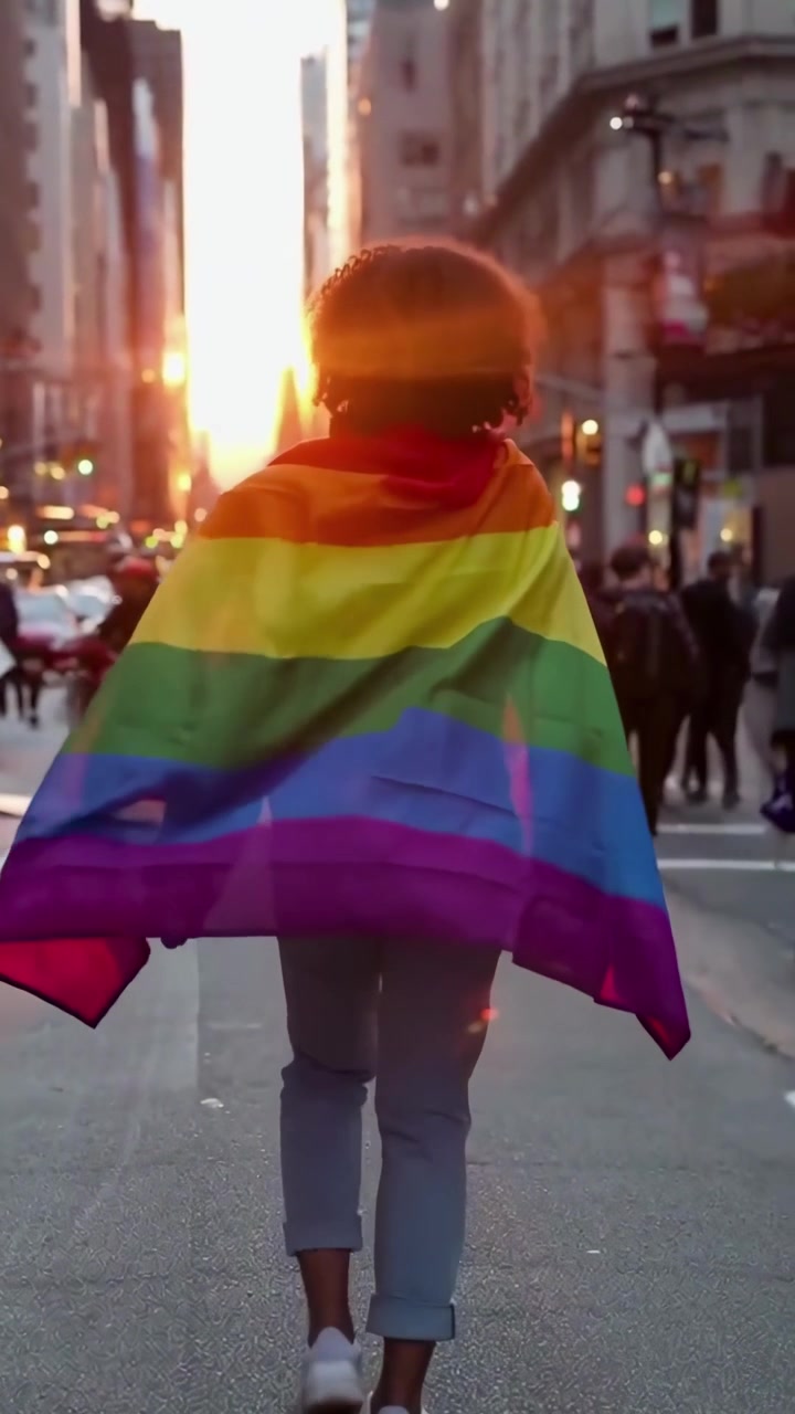 Person Walking in City Street with Rainbow Flag at Sunset