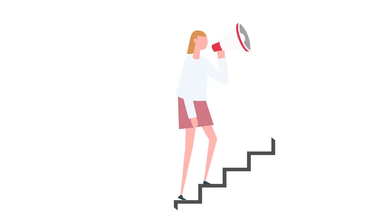 animación de personajes de mujeres coloridas. niña sube por la escalera con una situación de megáfono
