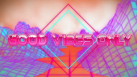 animation of good vibes only in digital abstract space with mountains