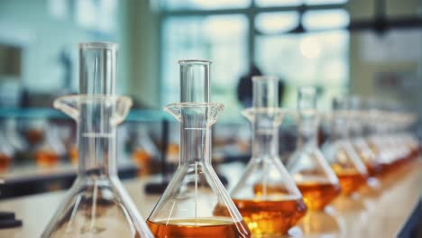 laboratory flasks filled with vibrant orange liquid sitting on a table in a modern lab, fostering an atmosphere of scientific research and innovative discovery in chemistry and biology