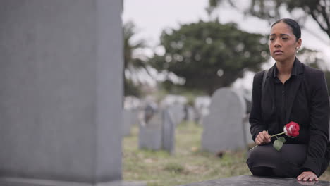 sad woman, rose and graveyard in mourning