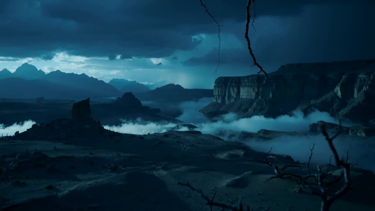Darkening storm clouds moving in, desolate canyon valley shifting fog toward cliff and rain column