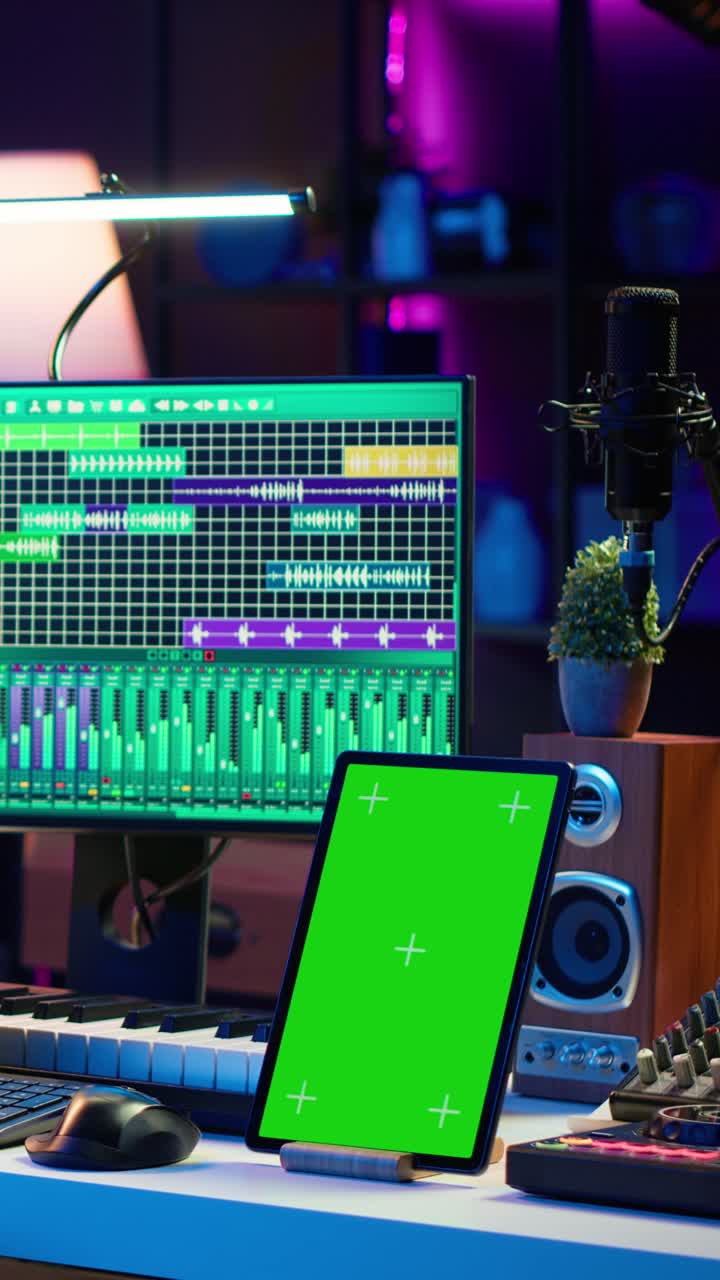 Studio di produzione musicale con tablet e DAW con green screen
