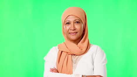 Face,-green-screen-and-Islamic-woman-with-arms