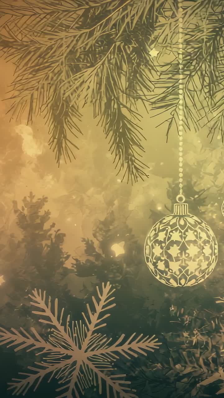 Vertical video: Frame five showing baubles swinging under boughs, snowflakes drifting, copy space