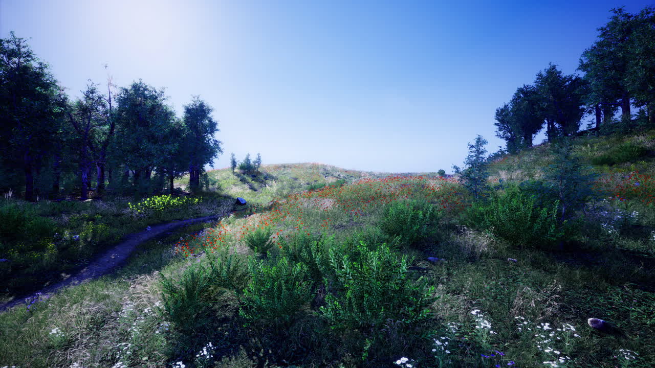 Vibrant landscape with rolling hills and clear blue sky in springtime