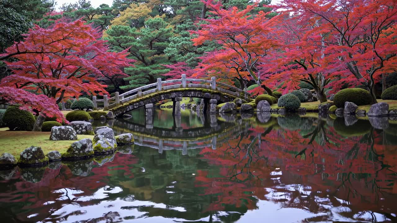 Serene Japanese garden with a stone bridge, vibrant autumn foliage, and tranquil pond