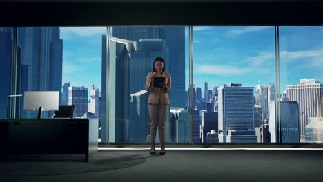 asian businesswoman taking note on a tablet with skyscrapers