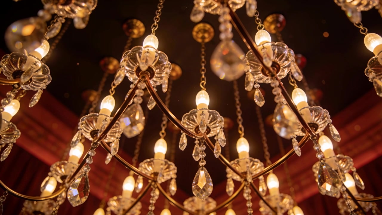 Telecamera che si inclina verso l'alto, un lampadario con cristalli che si muovono, lampadine e gocce in un teatro, con polvere che scintilla.