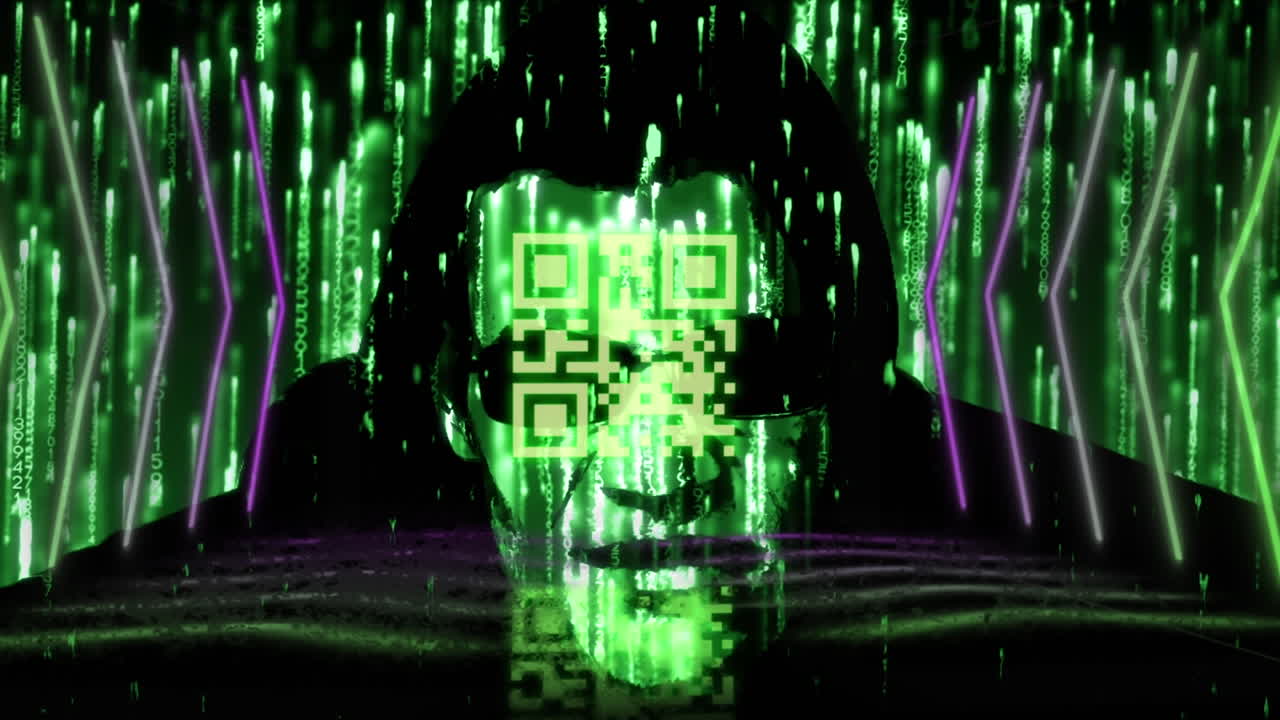 Digital animation of neon qr code and glowing lines over green light trails falling on male hacker