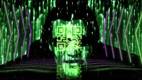 digital animation of neon qr code and glowing lines over green light trails falling on male hacker