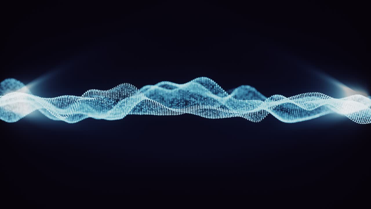 4k 3d 무결 루핑 블루 라이트 와이어 메쉬 배열, 어두운 배경 위에서 흐르는 음파, 빛나는 파동, 미래 기술 그리드 효과 일러스트레이션, 혼합 메쉬, 부드러운 곡선 모양의 액체 배열.