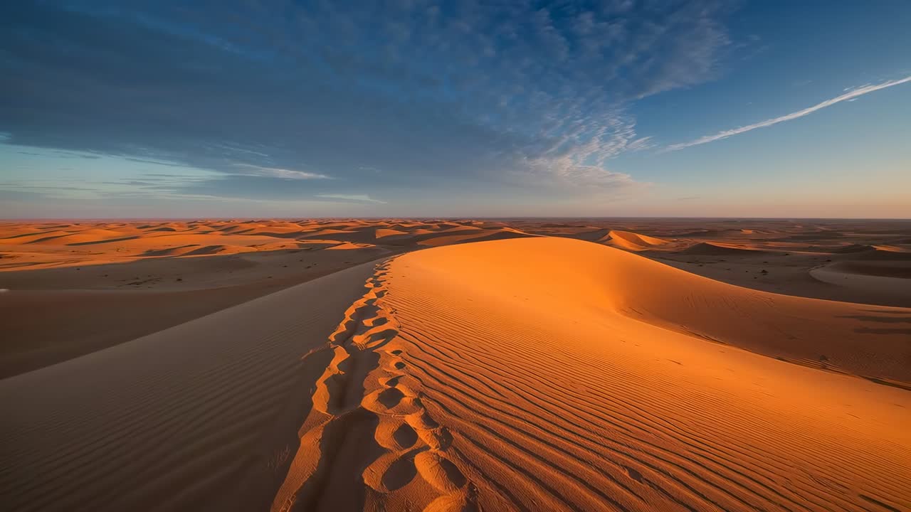 Inizia dietro la cresta, drone che scivola rivelando la dorsale di una duna nella luce del deserto, catturando le impronte