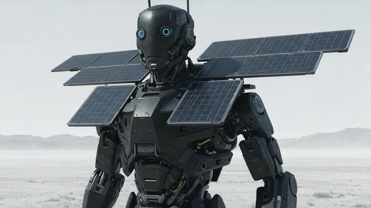 Futuristic Solar-Powered Robot Standing in a Desert Landscape, Showcasing Advanced Robotics Technology and Innovative Renewable Energy Solutions